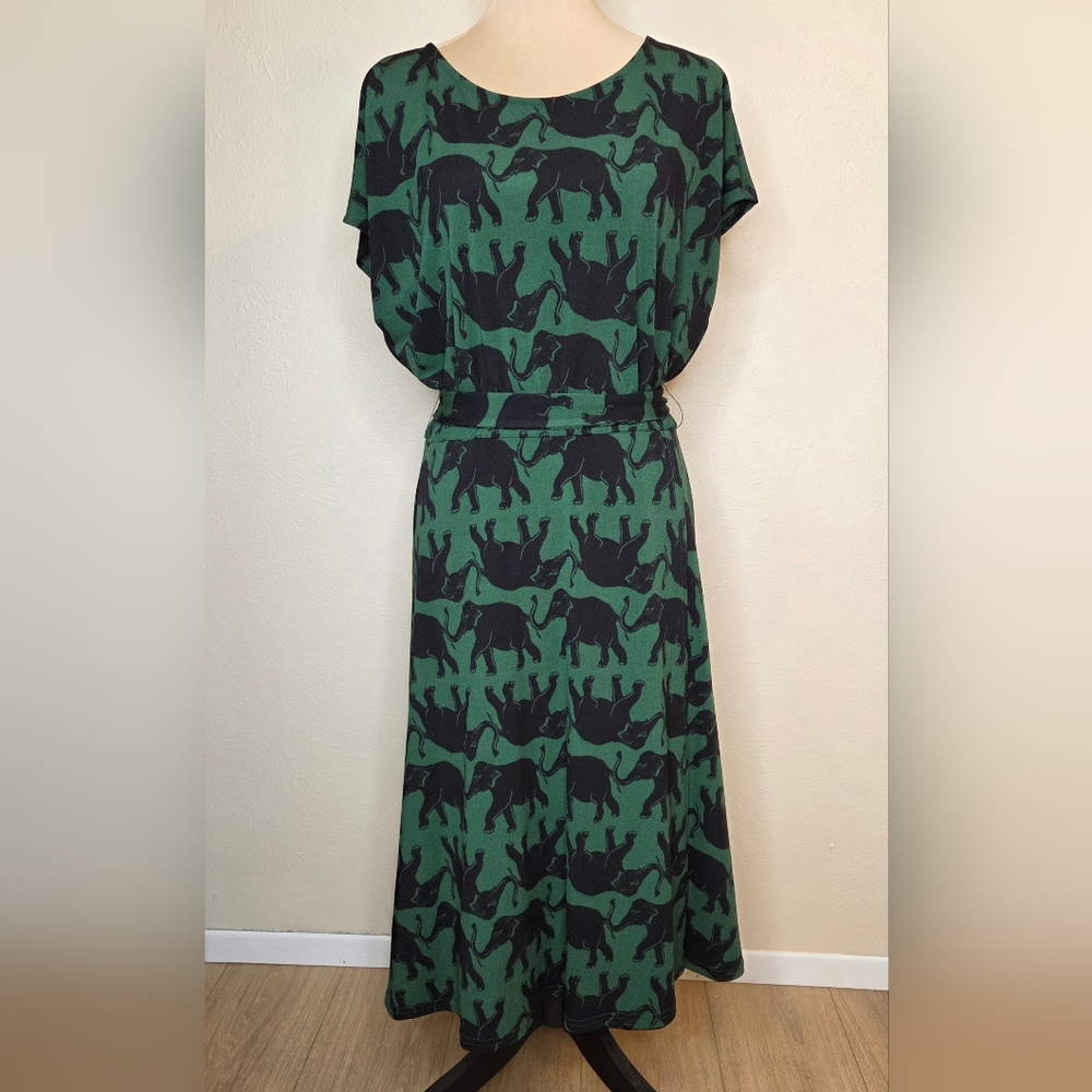 ModCloth Elephant Print Dress Green Black Midi Belted Novelty Animal Print Large